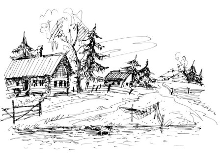 Деревенский пейзаж карандашом