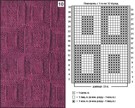 Узор спицами квадратики лицевой и изнаночной