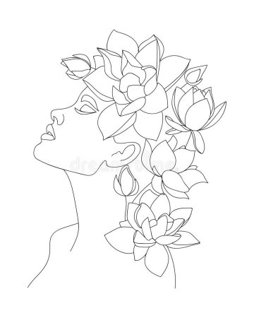 Контурный рисунок девушки с цветами (44 фото)