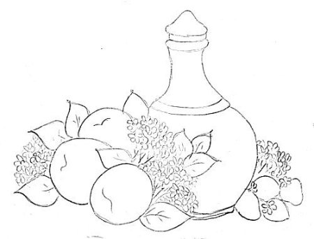 Раскраска натюрморт с фруктами и вазой с цветами