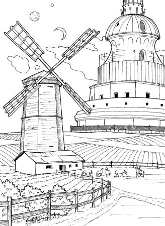 Мельница рисунок карандашом