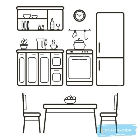 Раскраска кухня с мебелью