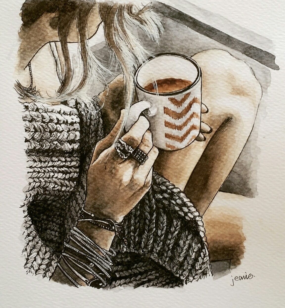 Нарисованная девушка с чашкой кофе