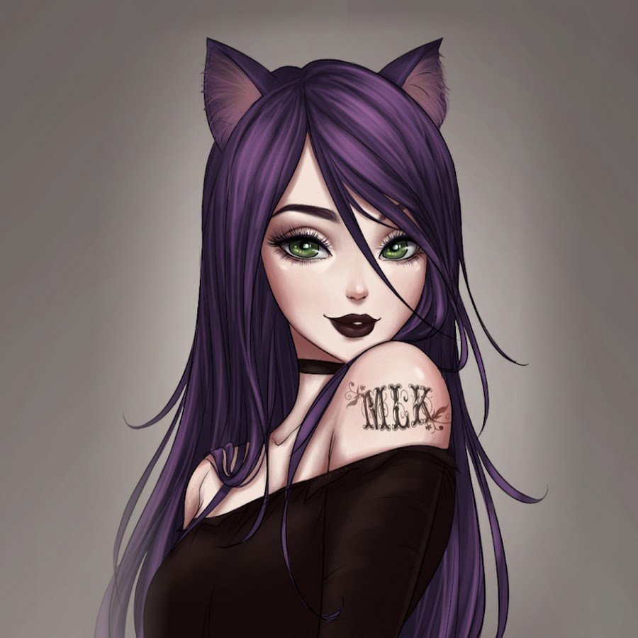 Арт девушка кошка с лиловыми волосами