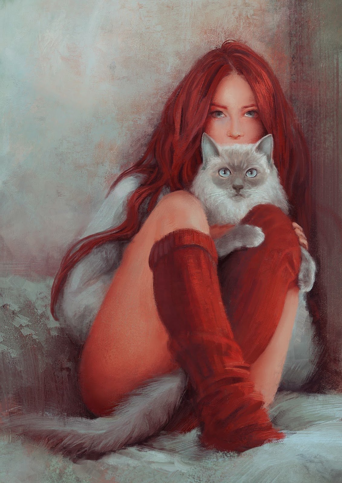 Девушка с котом на руках арт