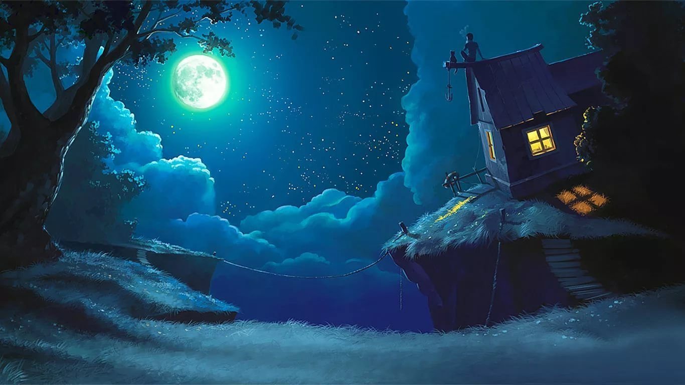 Музыка ночной пейзаж. Сказочная ночь. Лунная ночь. Сказочные домики ночью. Ночные сказки.