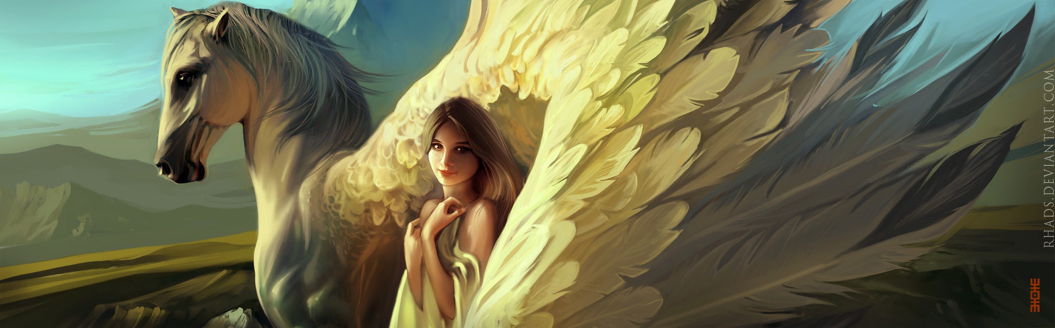 Ангел девушка с крыльями с лошадью