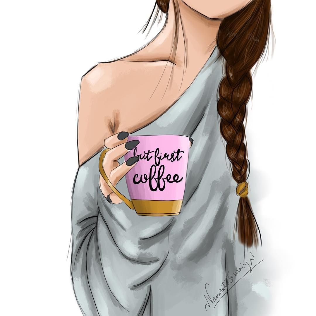 Нарисованная девушка с кофе