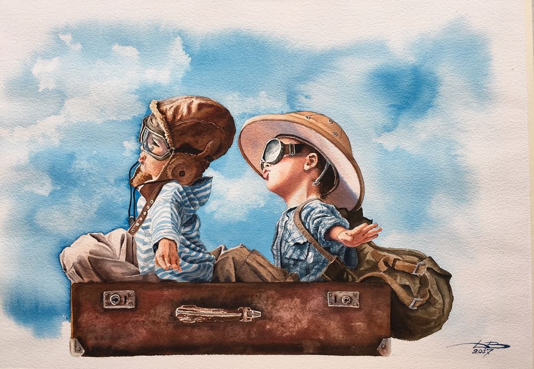 Мальчик с чемоданом живопись