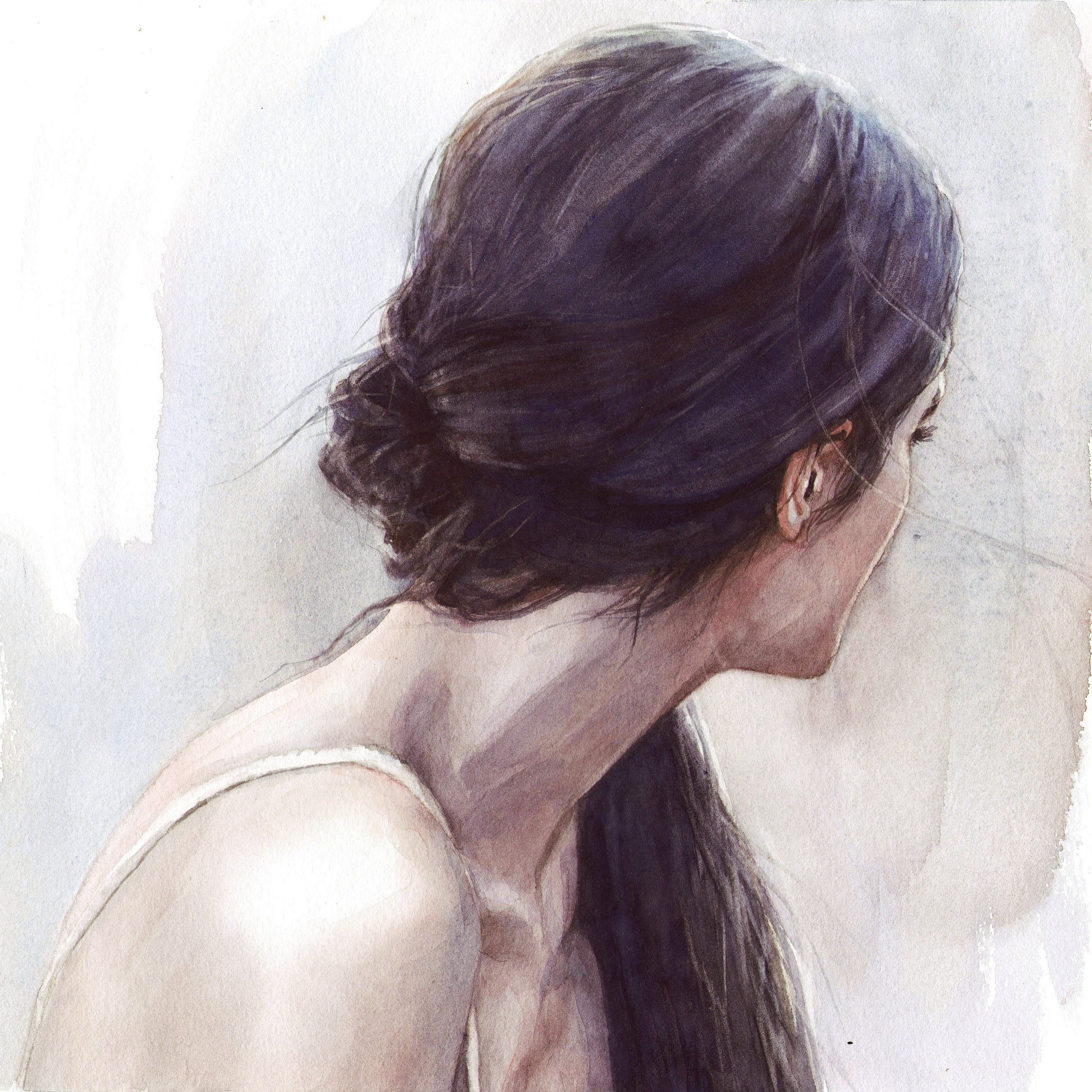 Женщина спиной рисунок. Художник Natalie Travina. Девушка со спины рисунок. Портрет девушки со спины.