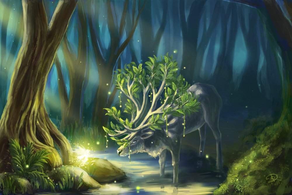 Заколдованное дерево. Сказочный олень. Волшебный лес. Сказочный лес. Фантастический лес.