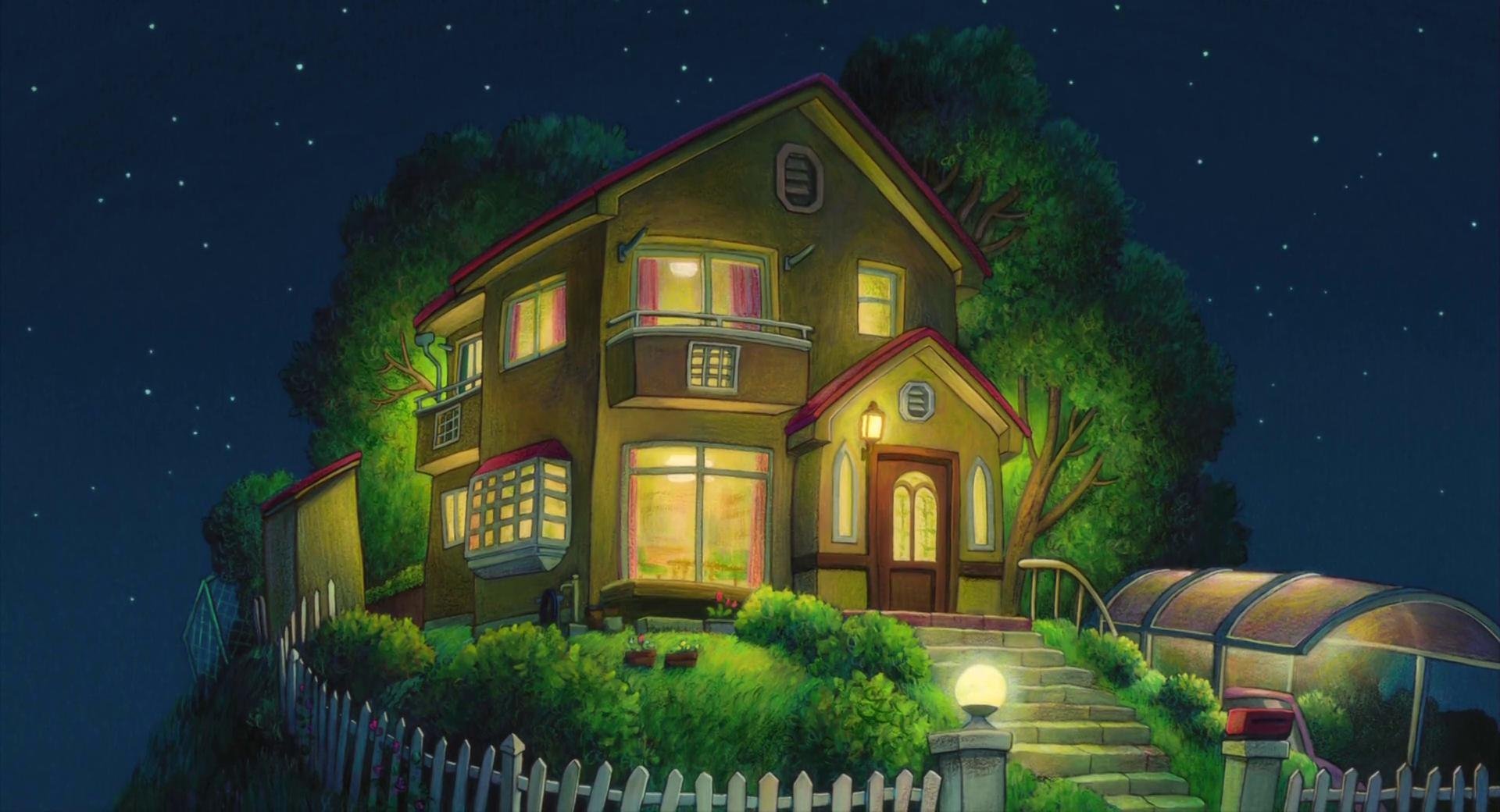 Дом аниме Хаяо Миядзаки ночью