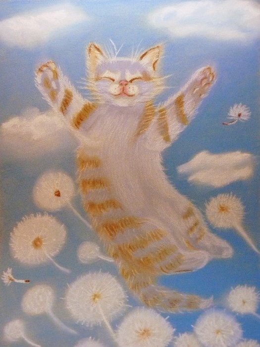 Мечтающая кошка. Коты и одуванчики. Котик в одуванчиках. Кот пастелью. Котики и одуванчик в живописи.