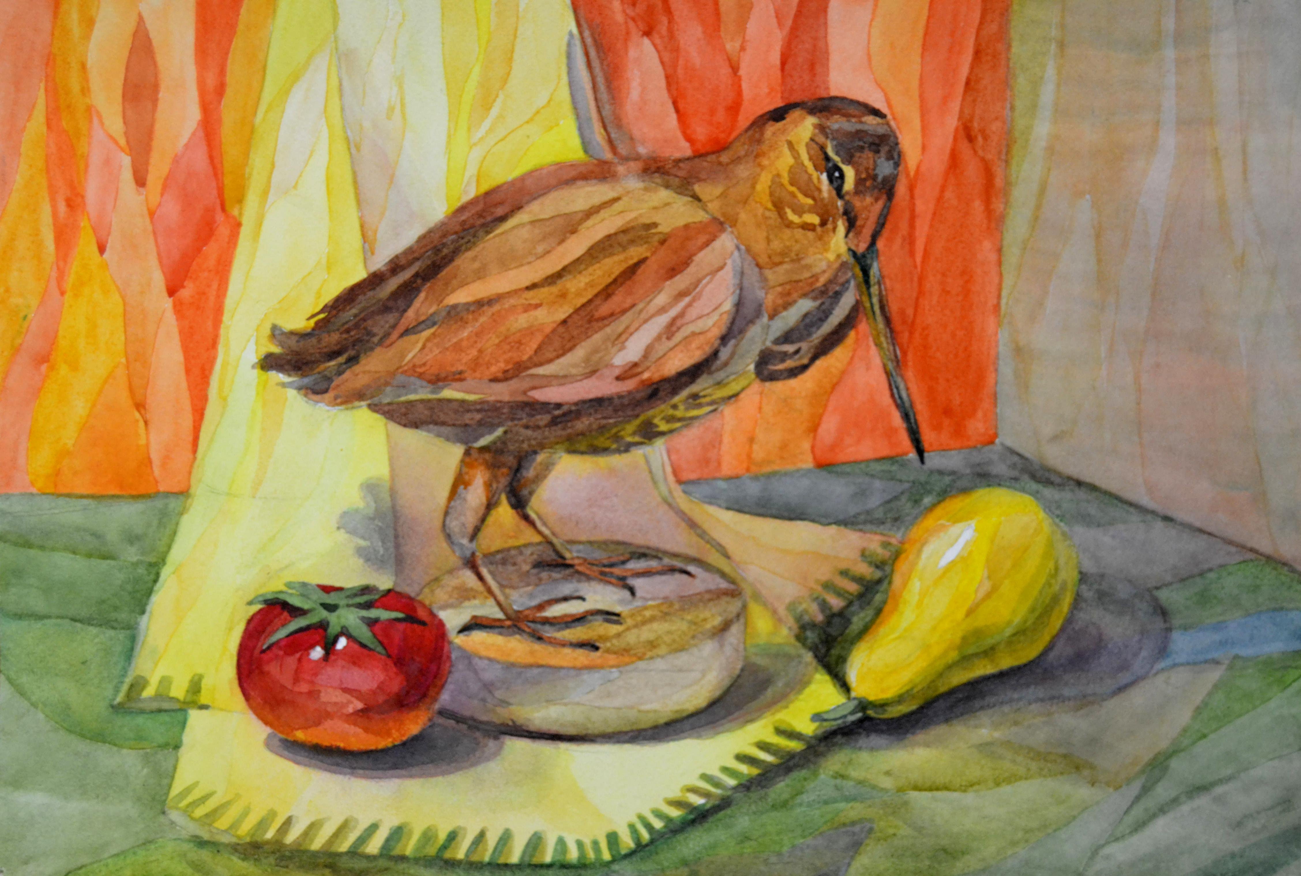 Натюрморт в теплой цветовой гамме с чучелом птицы