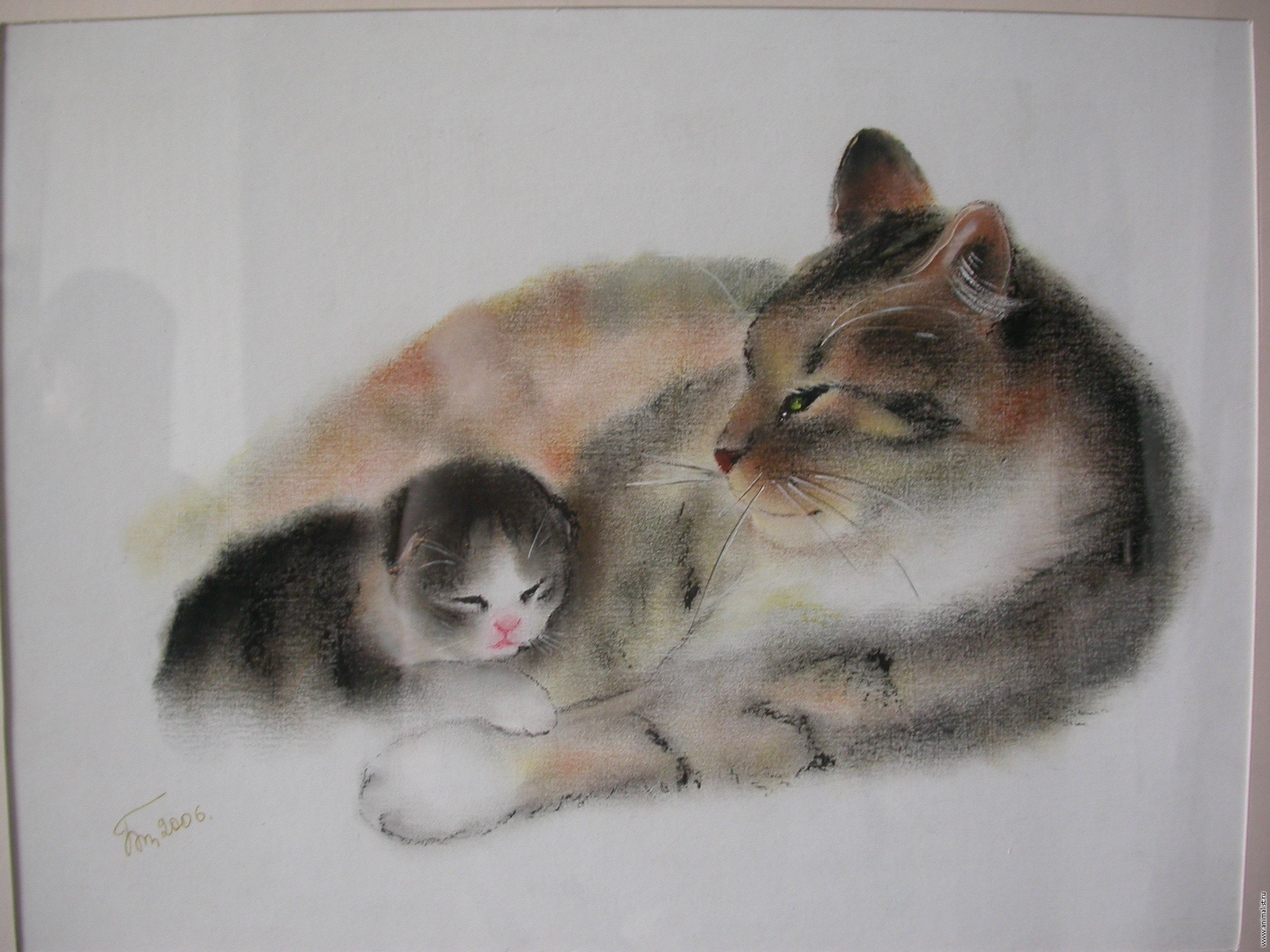 Кошка с котенком пастель