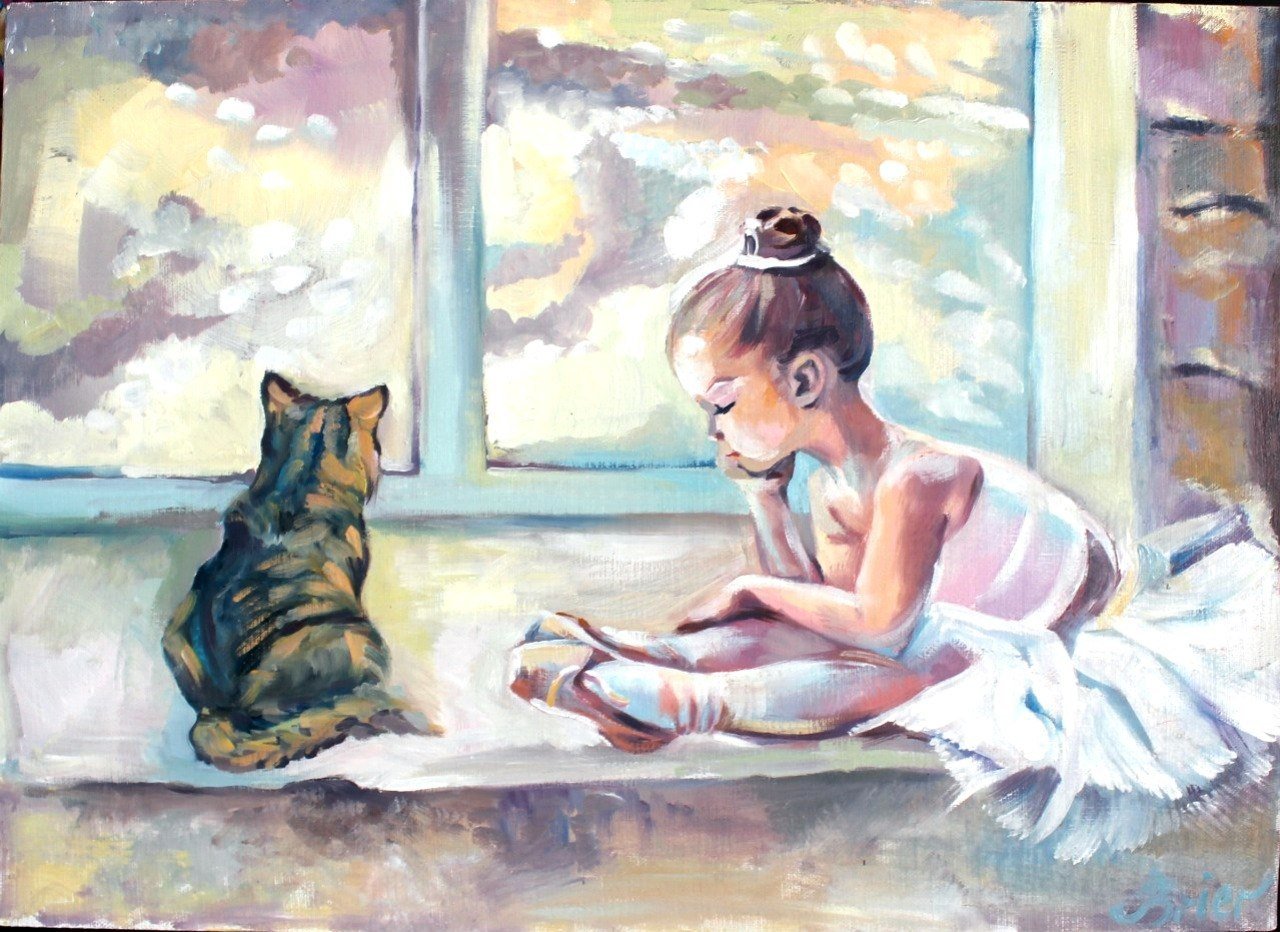 Акварель девочка с котом