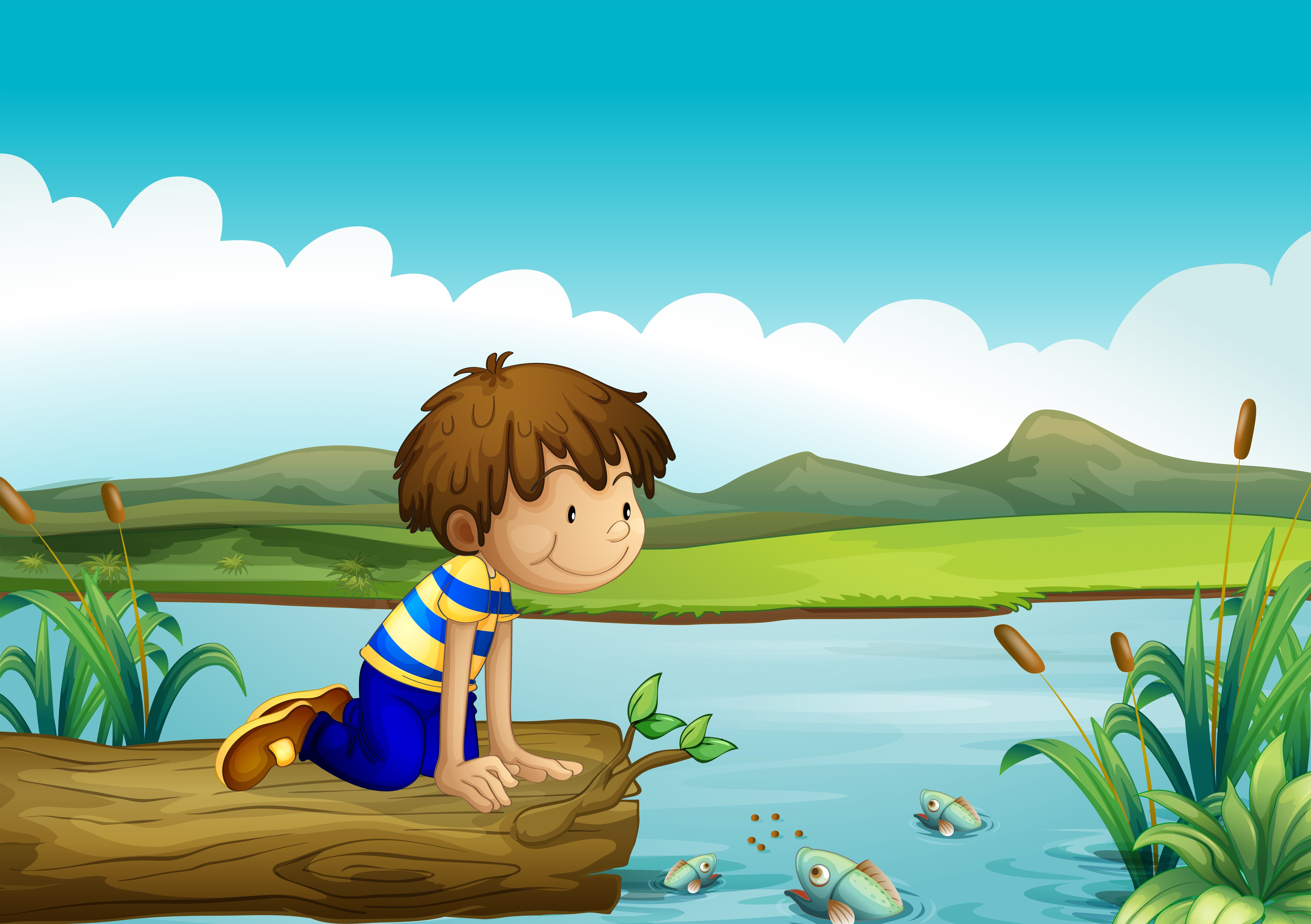 Мальчик сидит на берегу реки