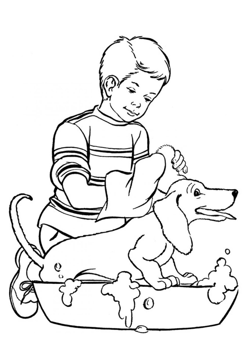 Раскраска мальчик с собакой