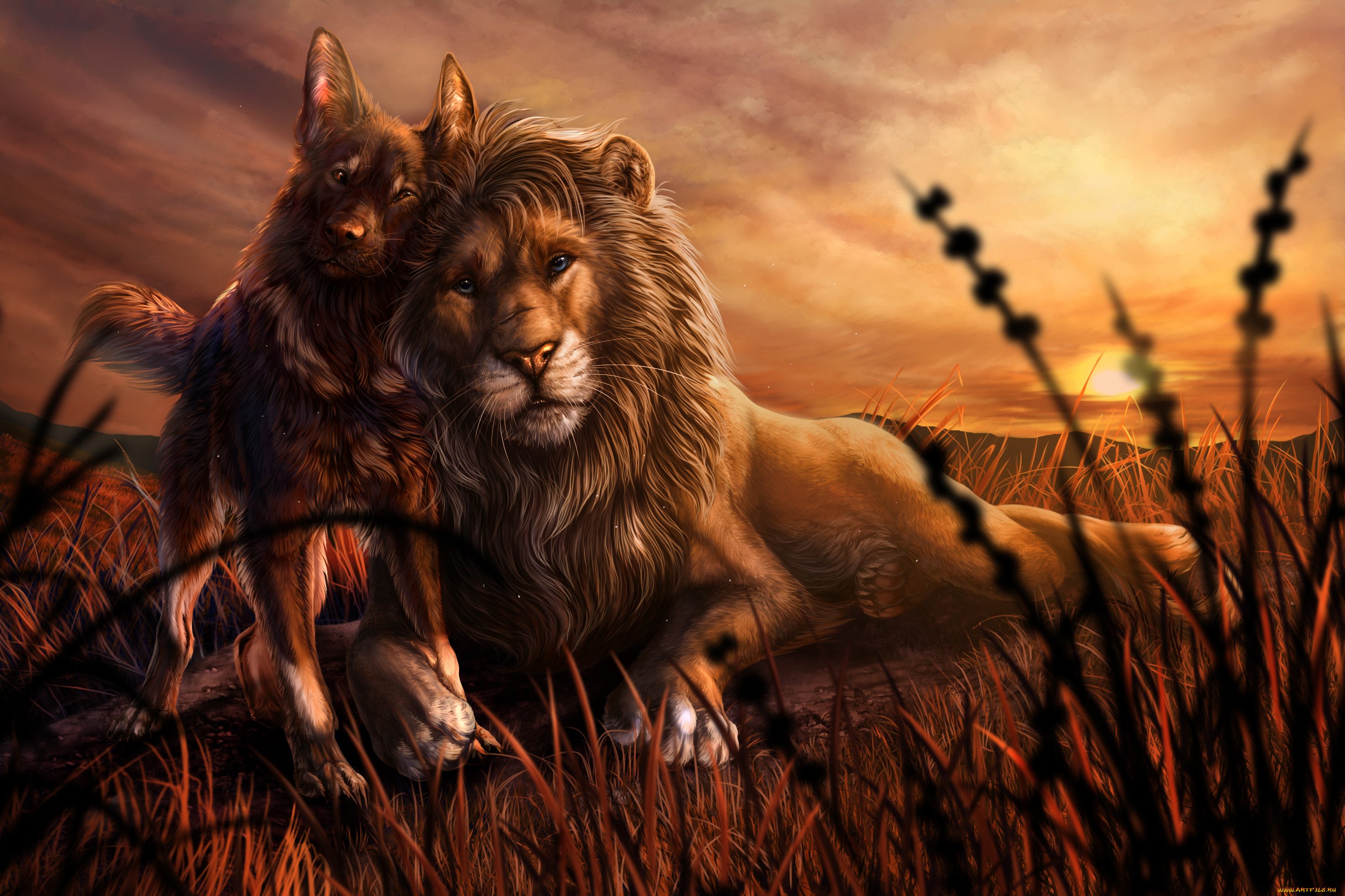 Читать 3 льва. Волк и Лев. Лев фэнтези. Животные арты. Лев и тигр.
