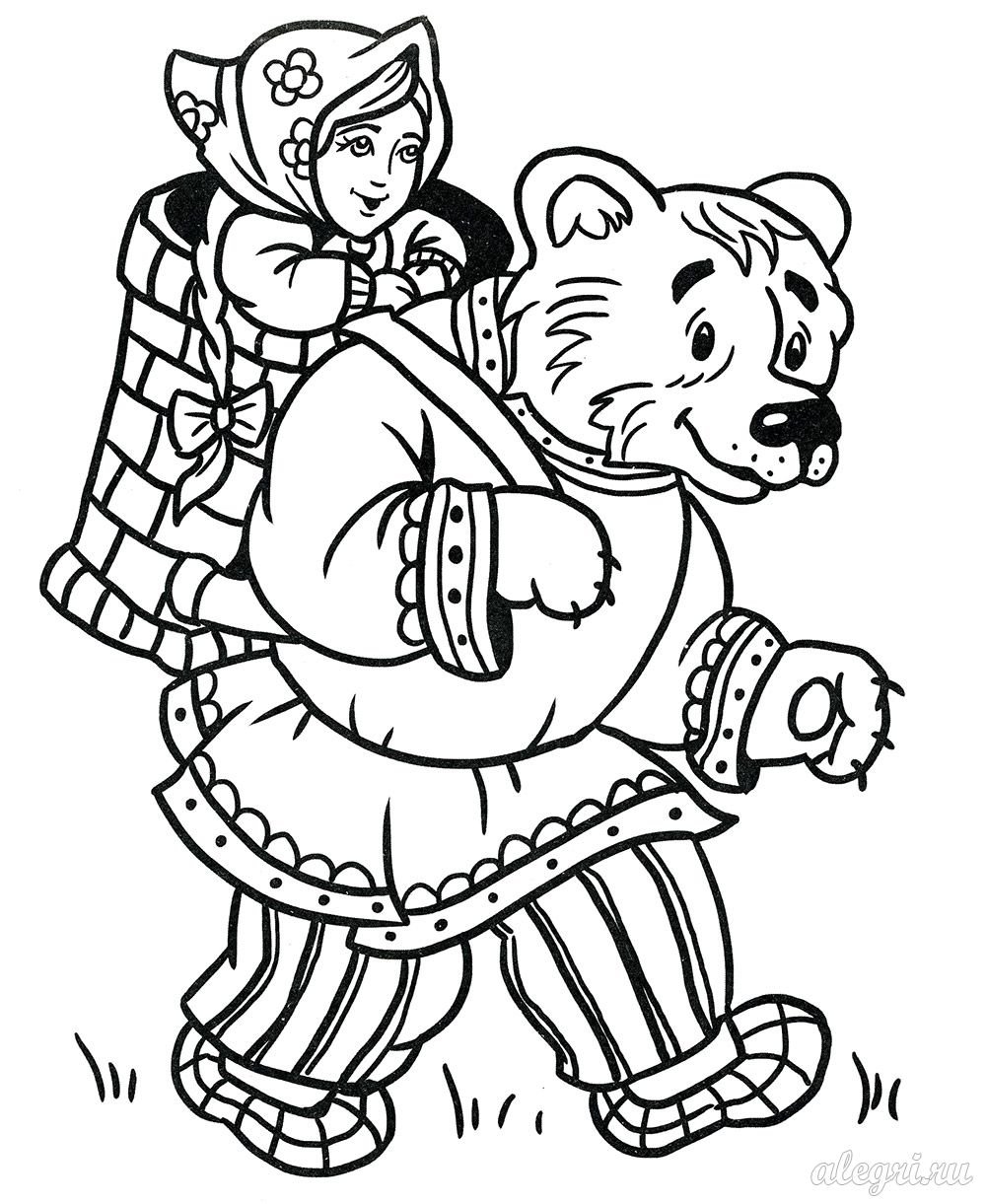 Раскраска к сказке Маша и медведь русская народная сказка