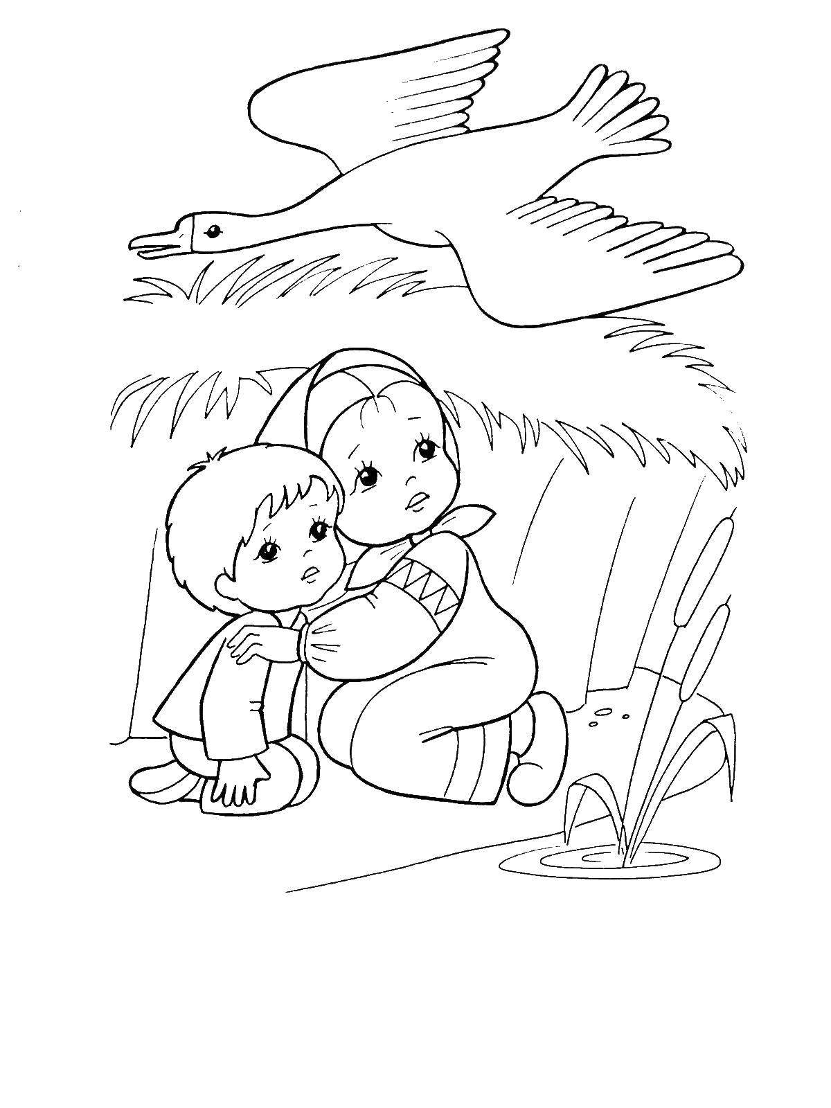 Картинки раскраски к сказке гуси лебеди для детей