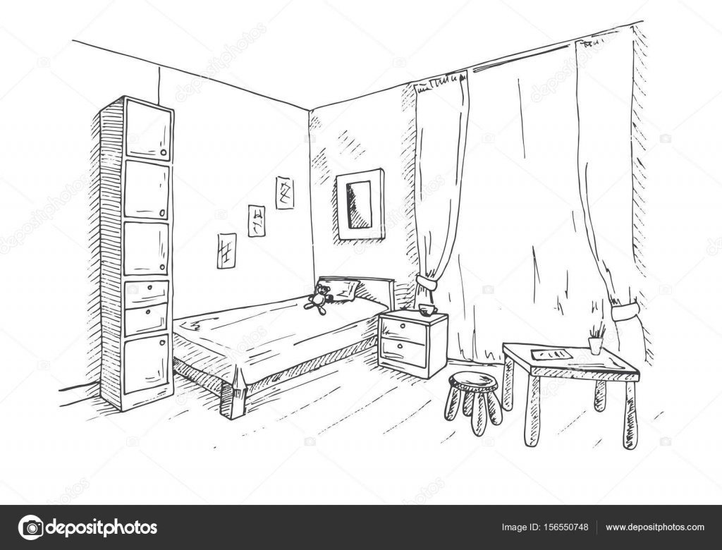 Эскиз комнаты со столом и кроватью