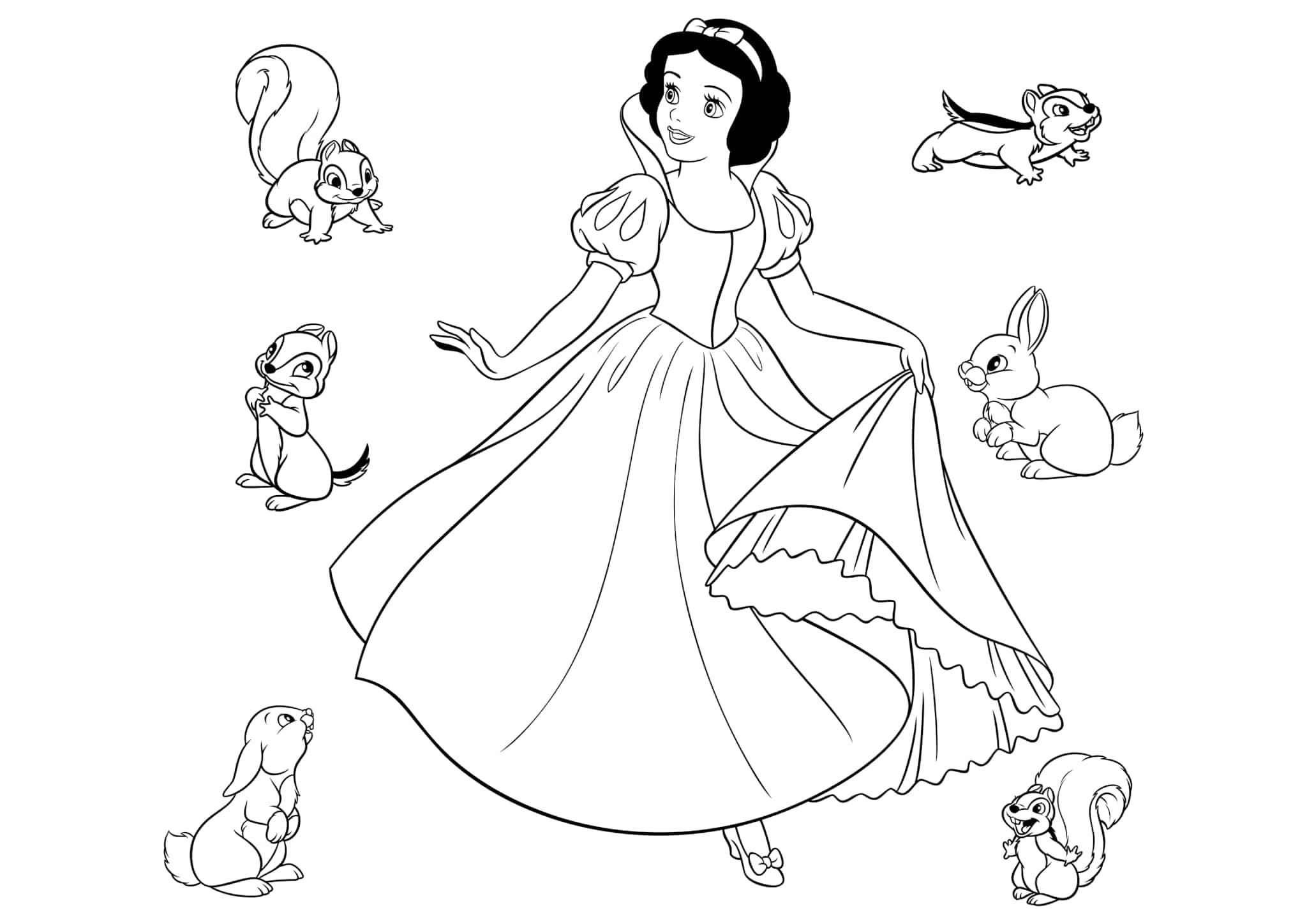 Принцесса Белоснежка и семь гномов раскраска