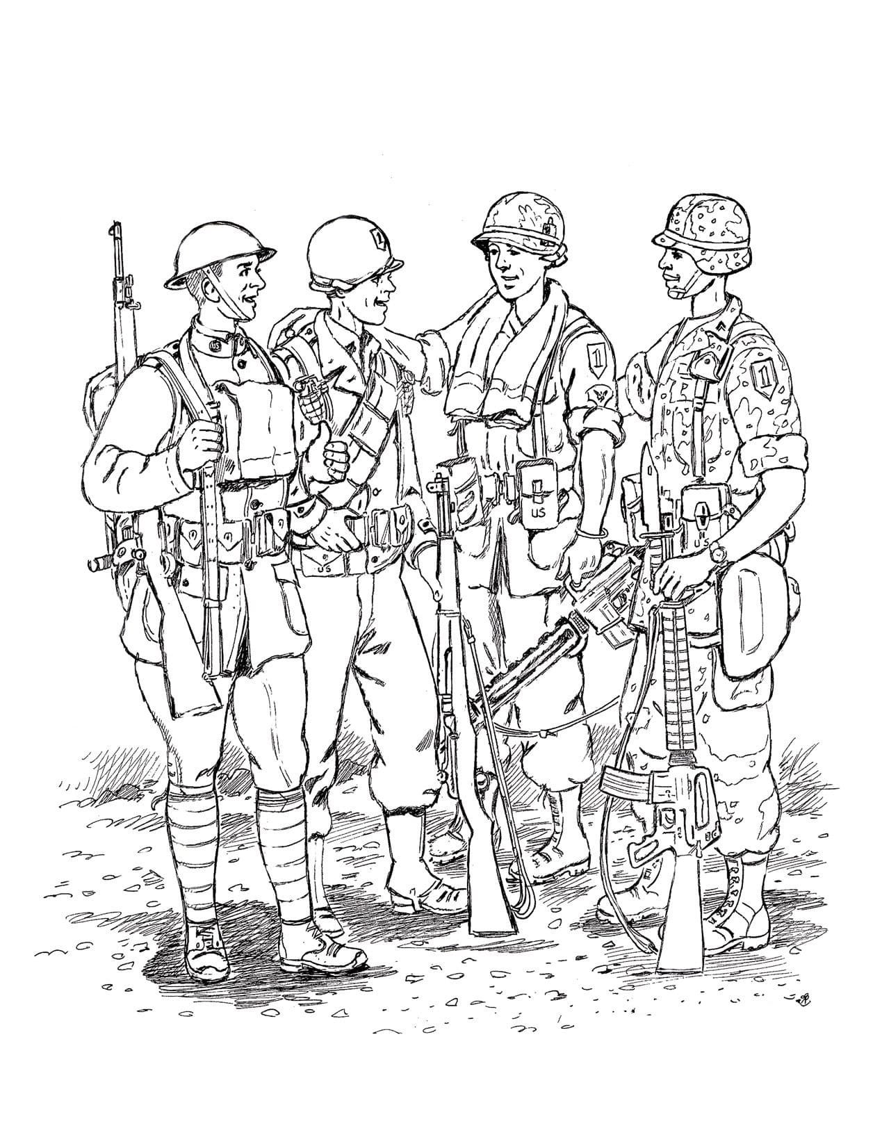 Раскраска военные солдаты
