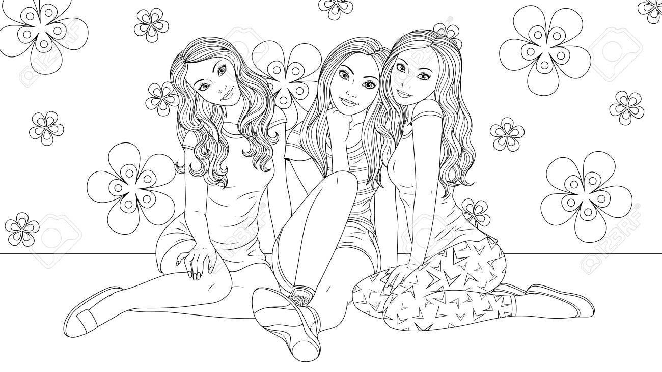 Раскраска 4 девочки подружки