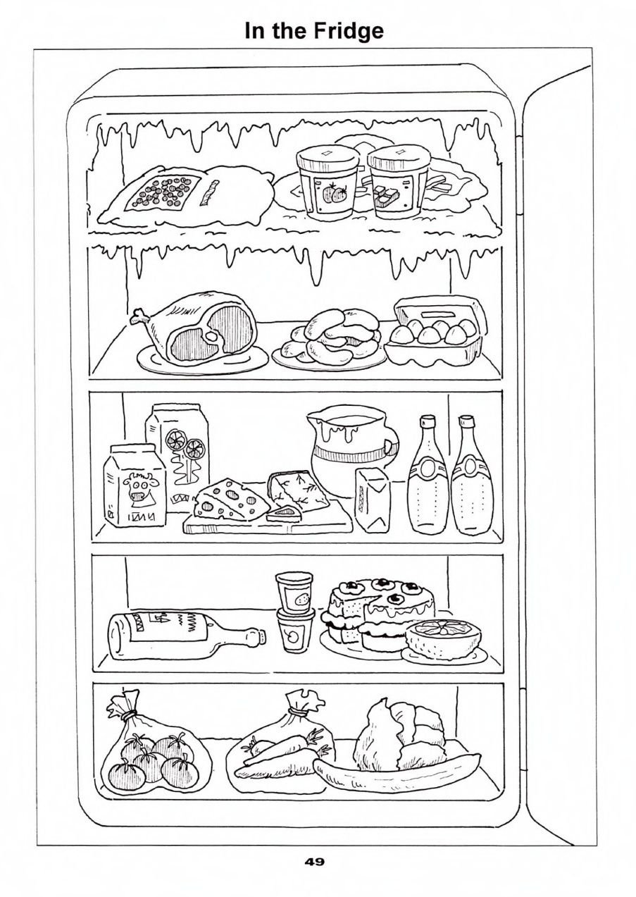 Открытый холодильник с продуктами раскраска
