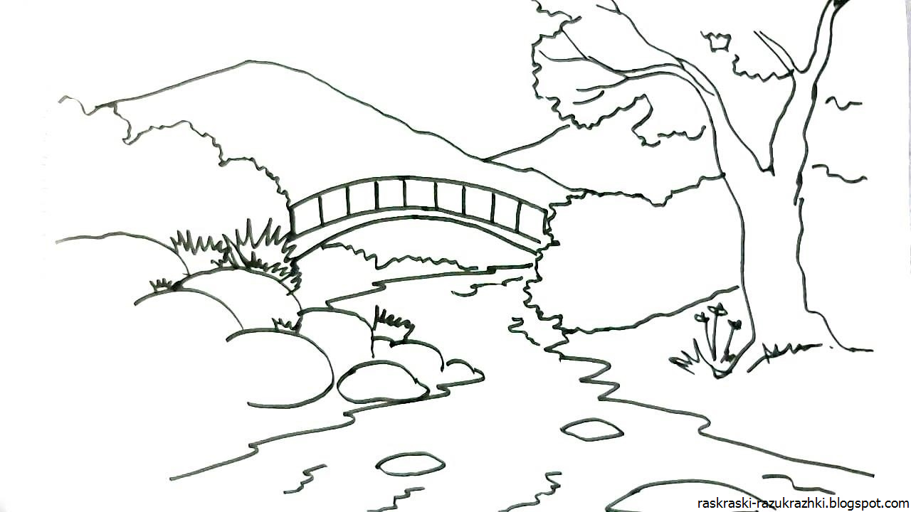 Картинка раскраска реки. Река раскраска для детей. Весенний пейзаж раскраска. Раскраска Речной пейзаж. Лес и речка раскраска.