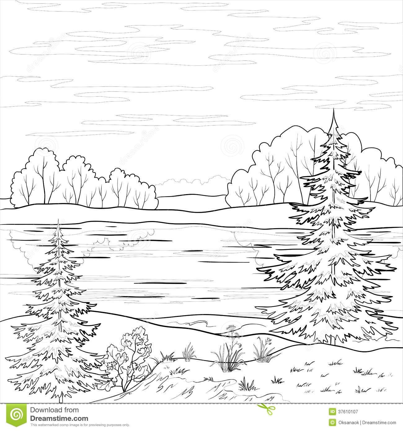 Раскраска зимний лес и речка