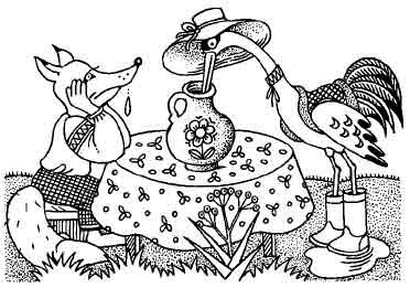 Лиса и журавль раскраска для детей