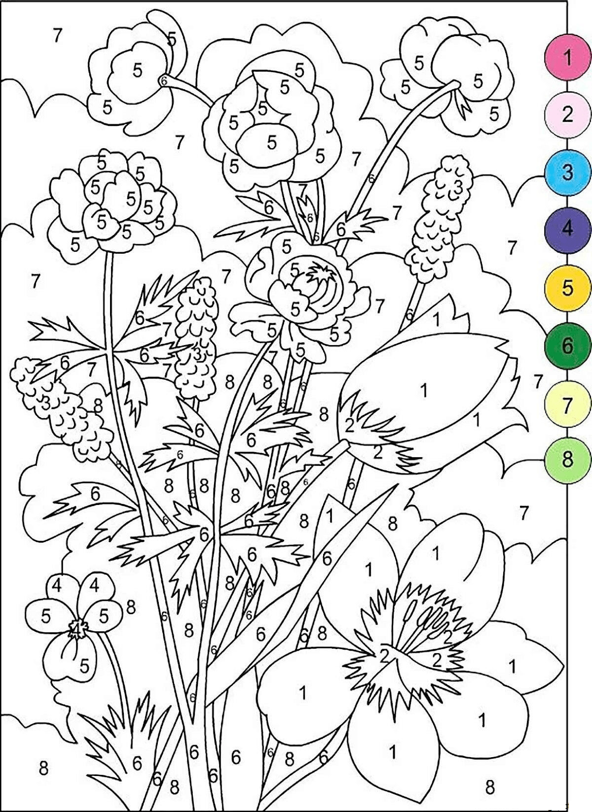 Разукрашка по номерам для ребенка 7 лет цветы