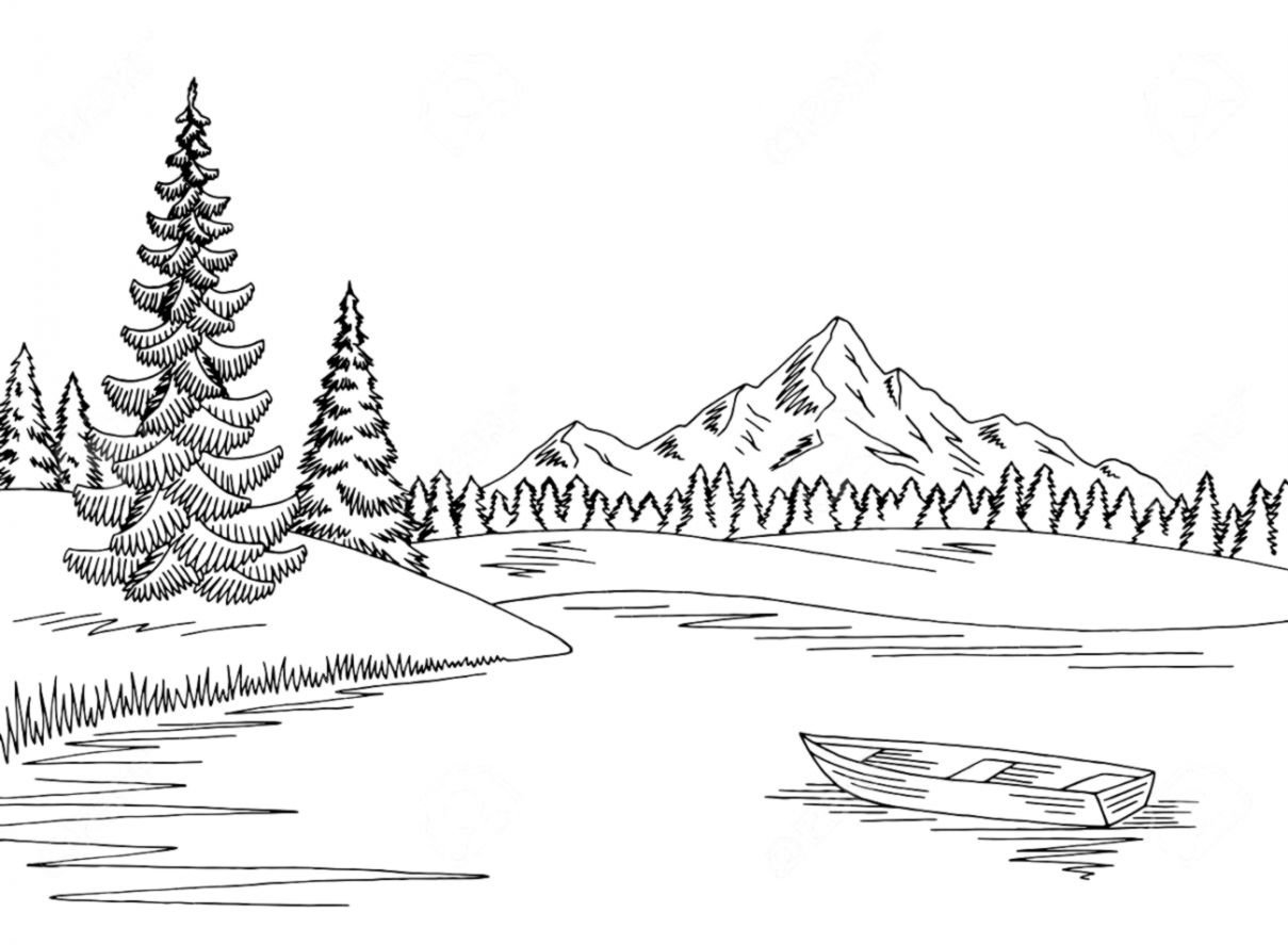 Озеро и лес карандашом