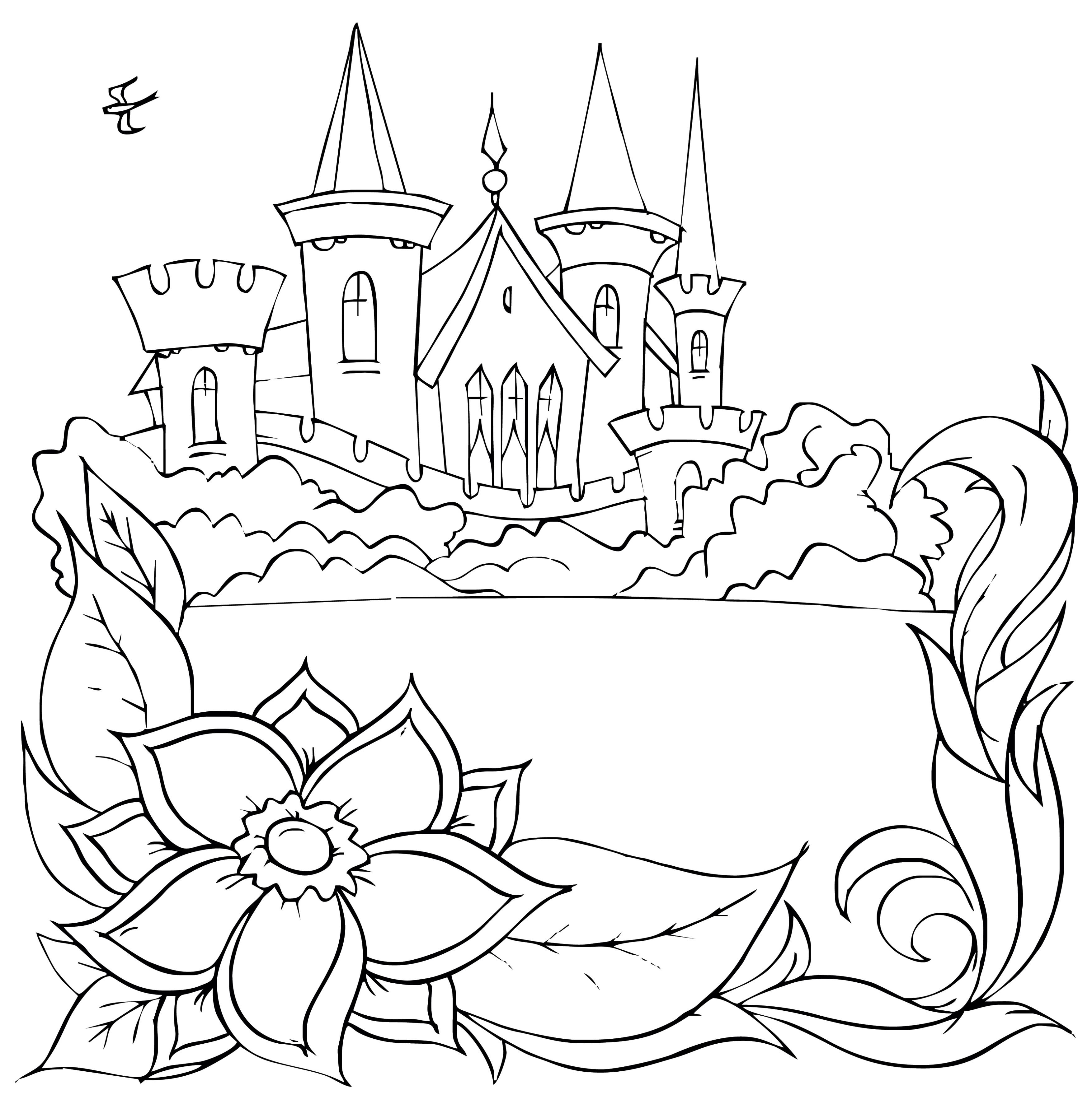 Сказочный цветочный дворец для раскраски