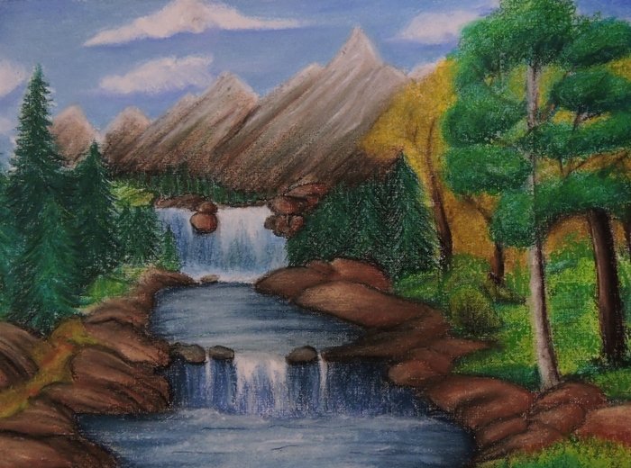 Удивительная красота реки озера или моря рисунок. Водопад Баратынский иллюстрация. Баратынский водопад. Река цветными карандашами. Пейзаж карандашом.