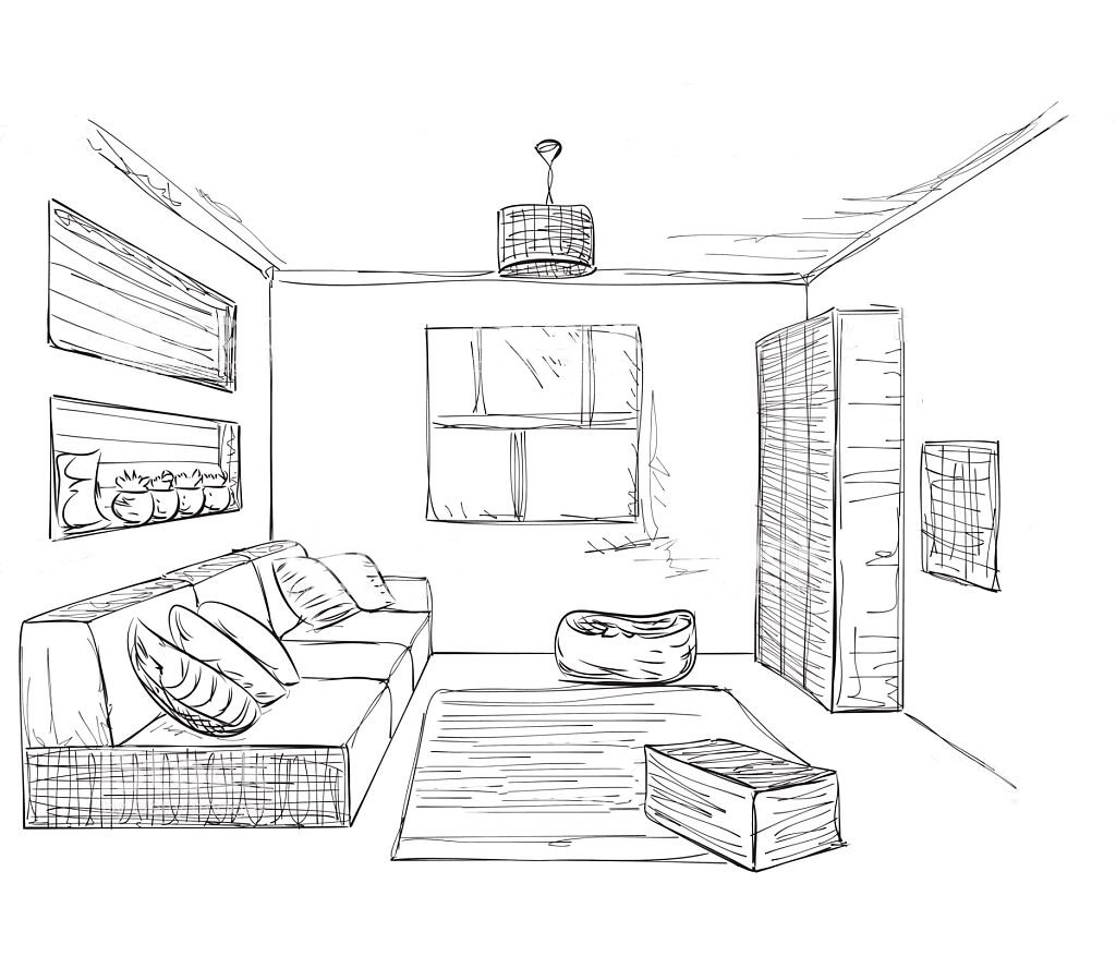 Поэтапное рисование комнаты с мебелью