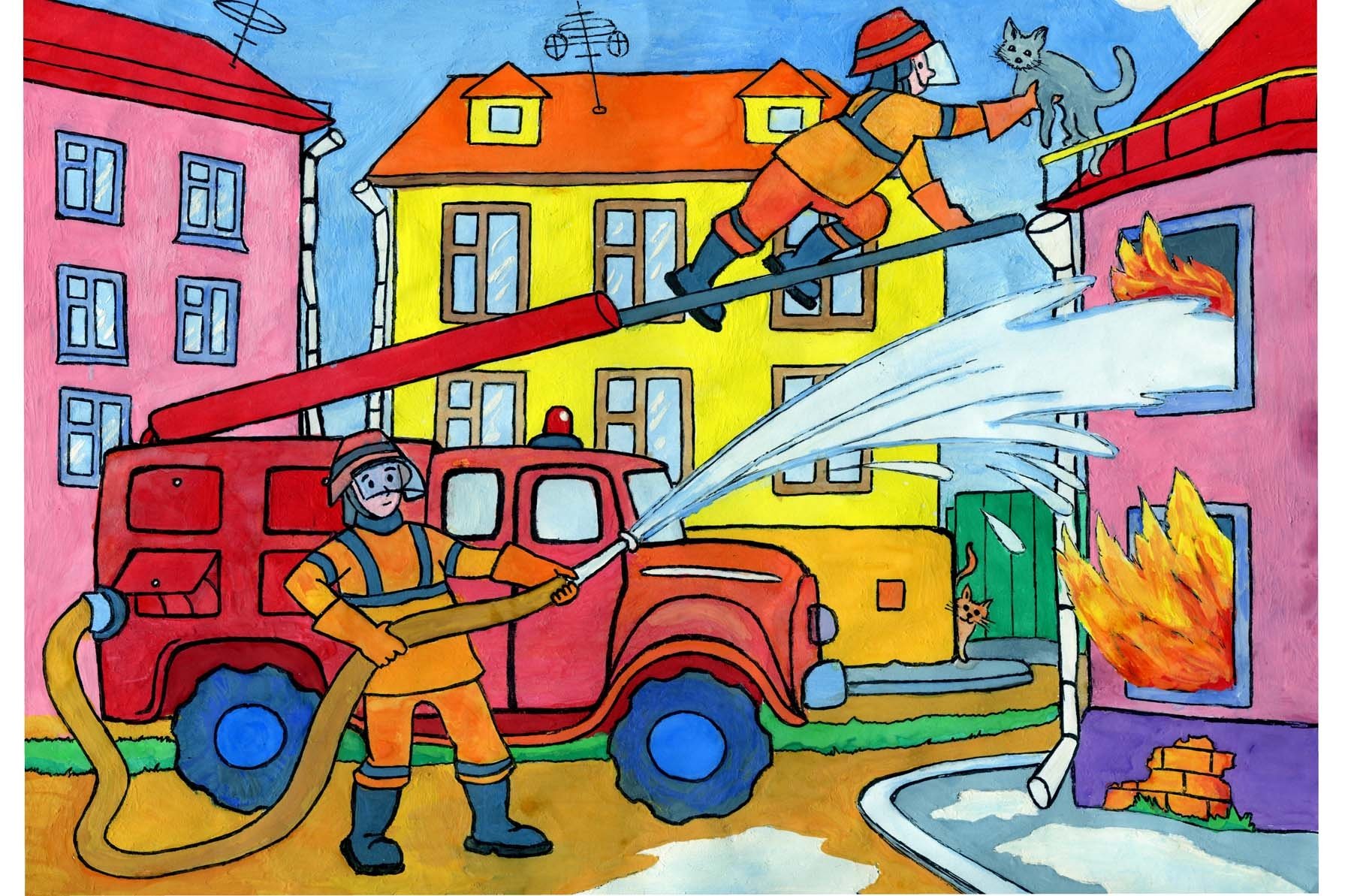 Пожарные тушат пожар для детей