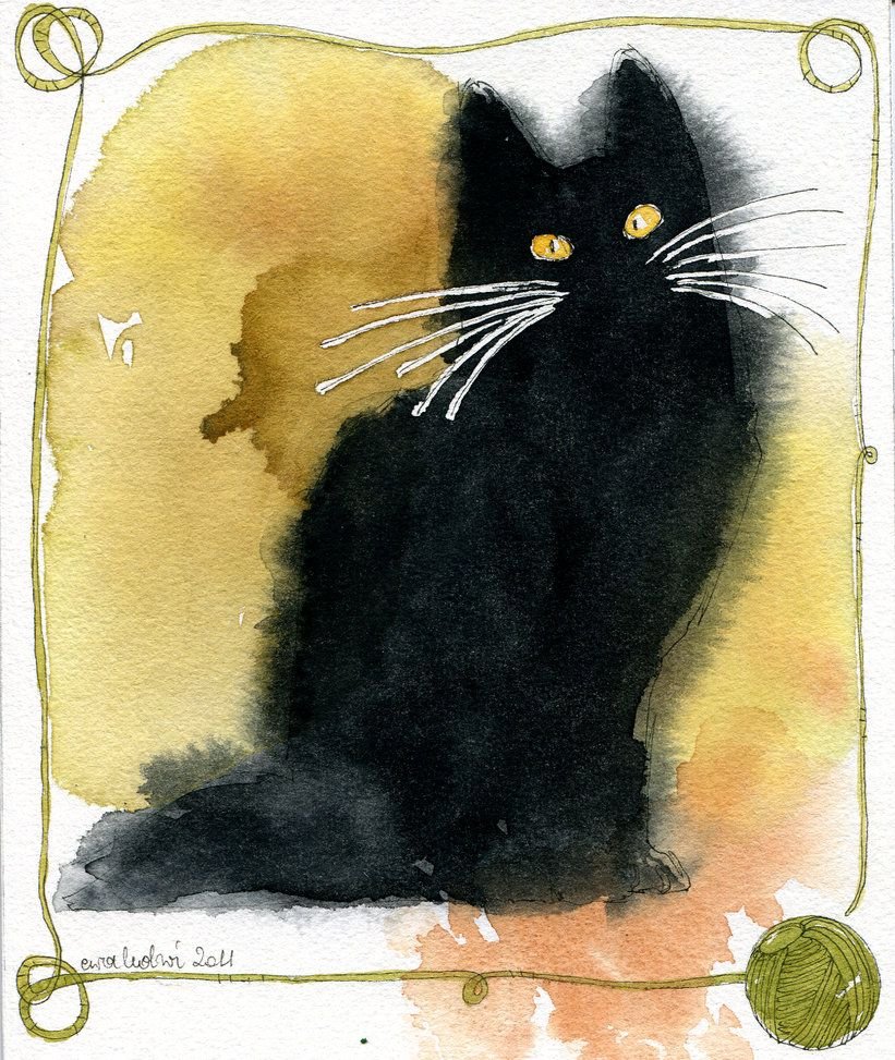 Черно белый котенок акварель