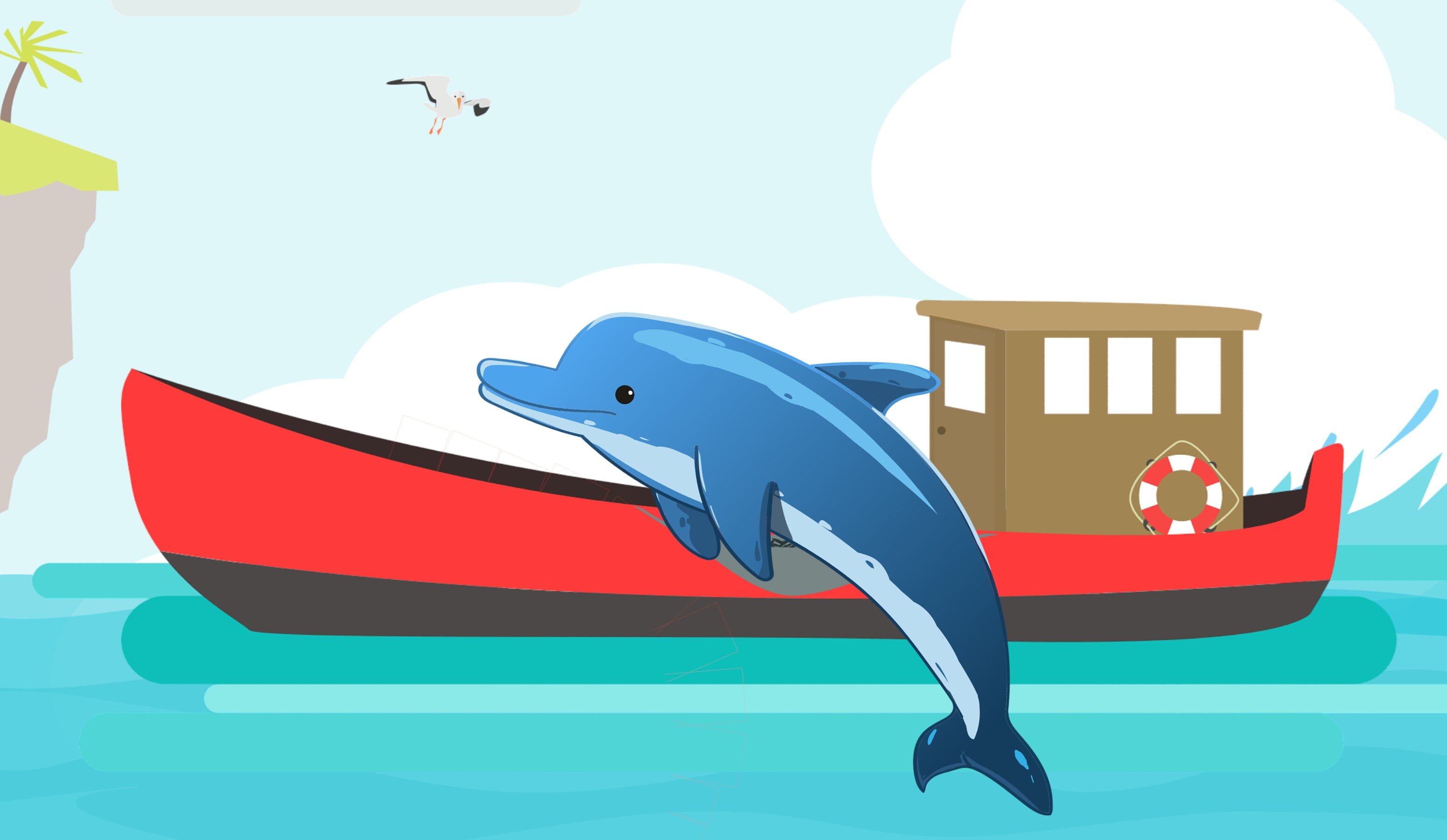 Дельфины и лодки в море