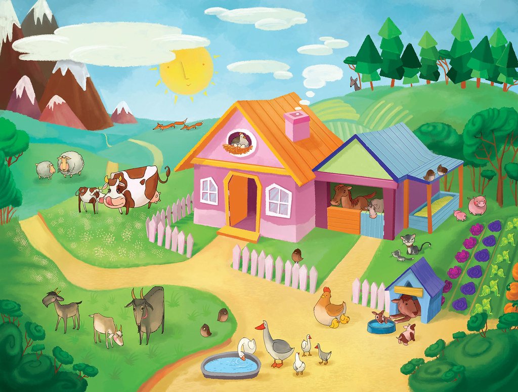 Детский сад для зверей. Дом в деревне рисунок. Домик в деревне для детей. Дети в деревне картина. Деревенский дворик для детей.