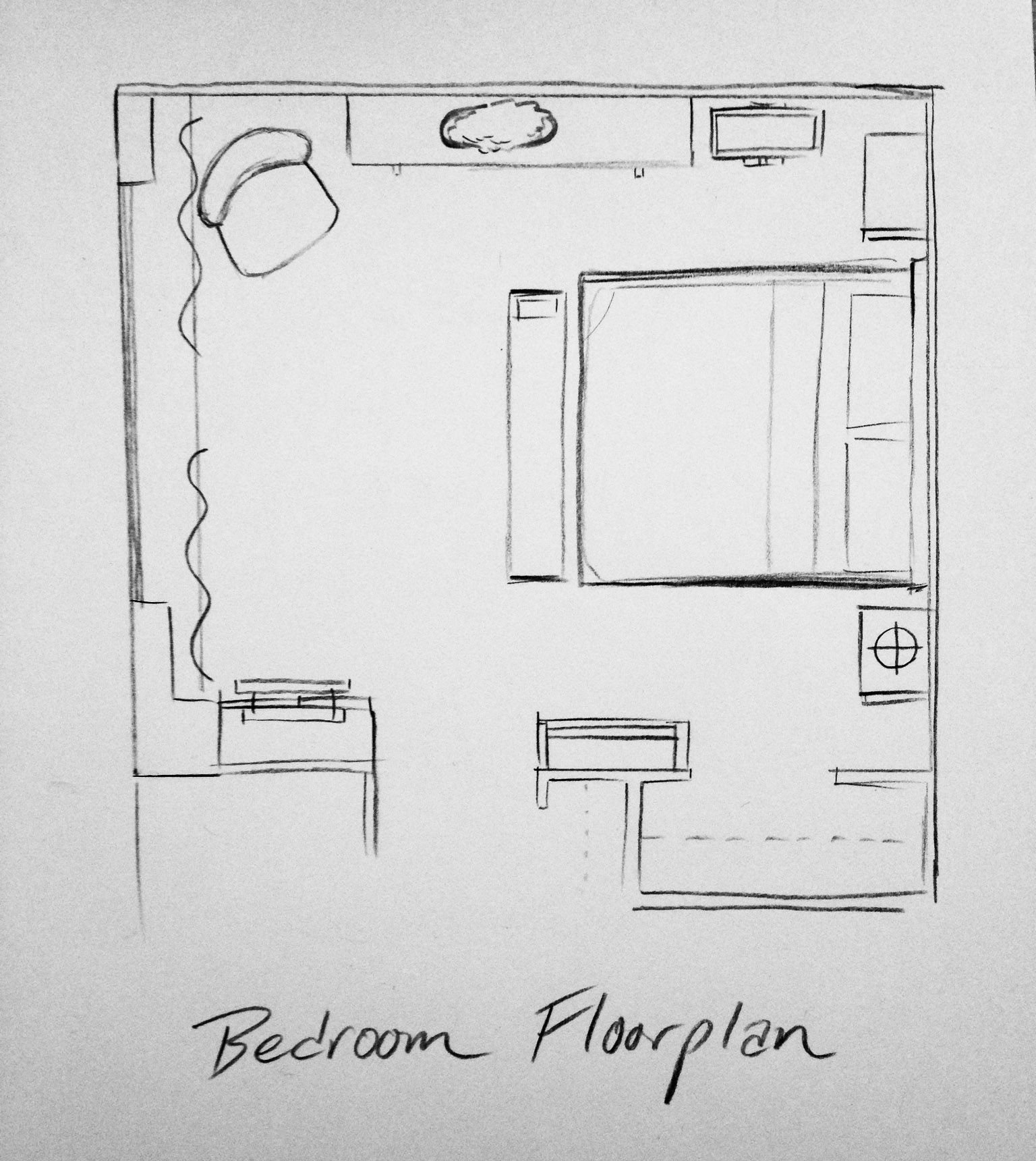 План комнаты с мебелью карандашом