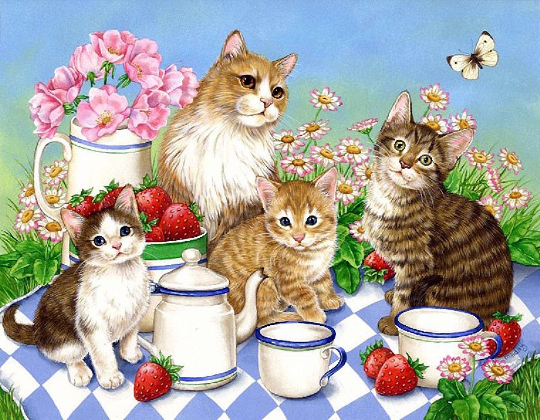 Кошка с котятами детский сад. Jane Maday художник. Котят Джейн Мэдей. Кошачья семейка. Чаепитие с котами.