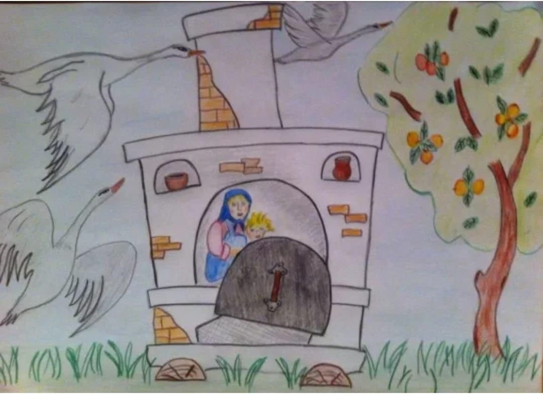 Гуси лебеди рисунок для детей 1 класса. Печь в сказке гуси лебеди. Гуси-лебеди сказка печка. Рисунок к сказке гуси лебеди 2 класс для детей. Рисунки по мотивам сказок.