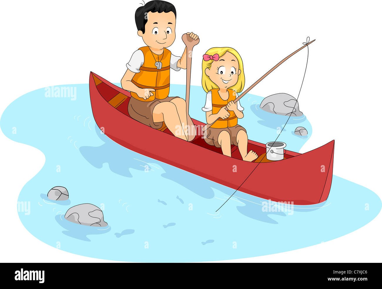 Дети в лодке рыбачат иллюстрации