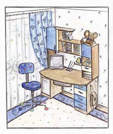 Комната с компьютерным столом рисунок