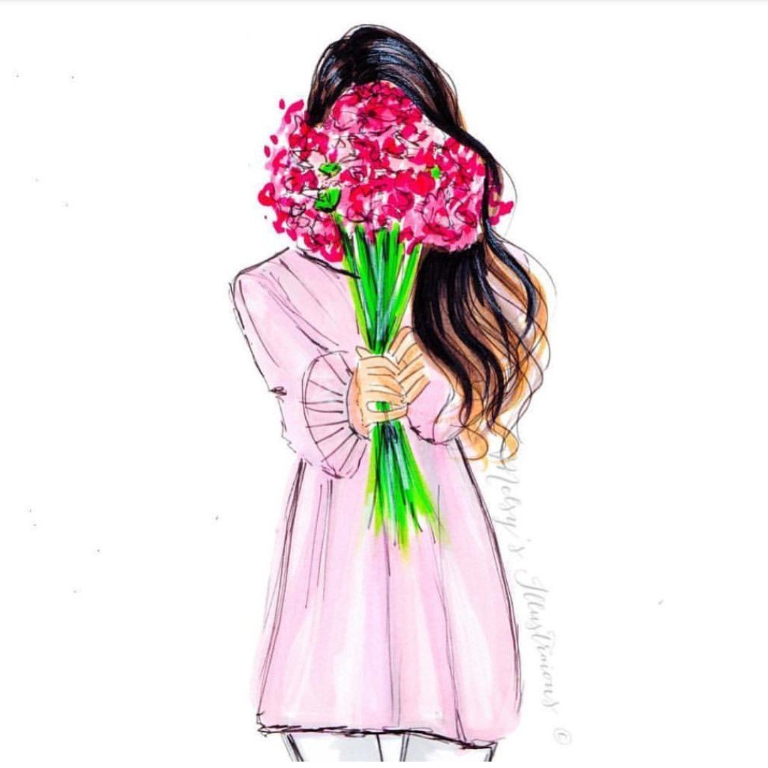 Нарисованная девушка с цветами