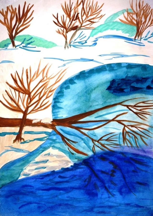 Ледоход рисование старшая. Рисование на тему весенний ручей. Весенние ручьи изо.