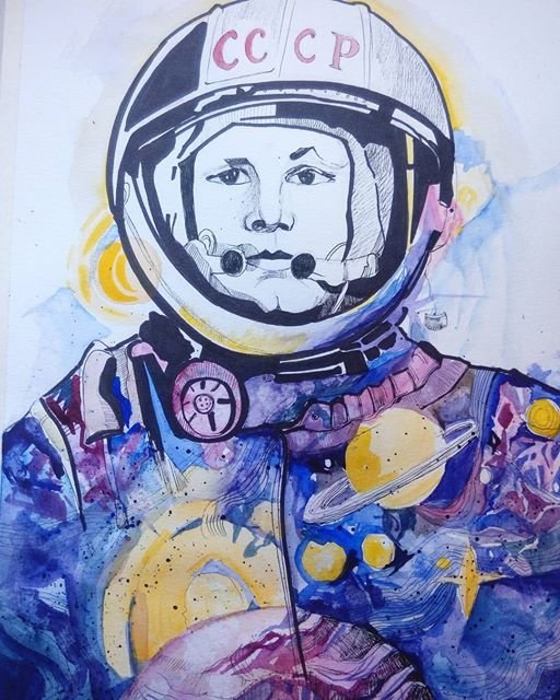 Картинки гагарина в космосе для детей. Портрет Космонавта Юрия Гагарина акварелью. Космонавт рисунок красками. Рисунок на тему космос. Рисунок ко Дню космонавтики.